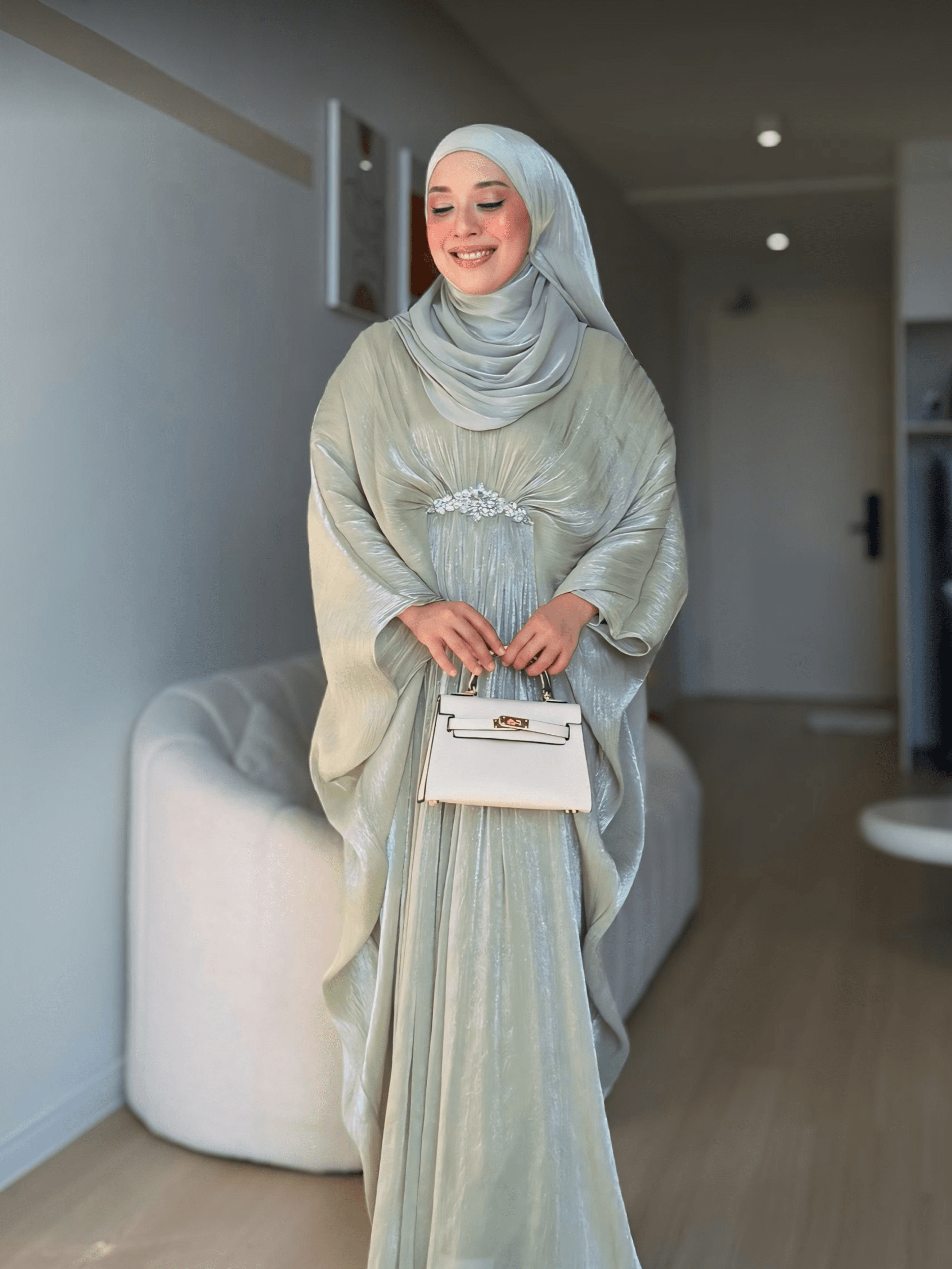 Ammelia Luxury Sage Green Diamond Kaftan Collection